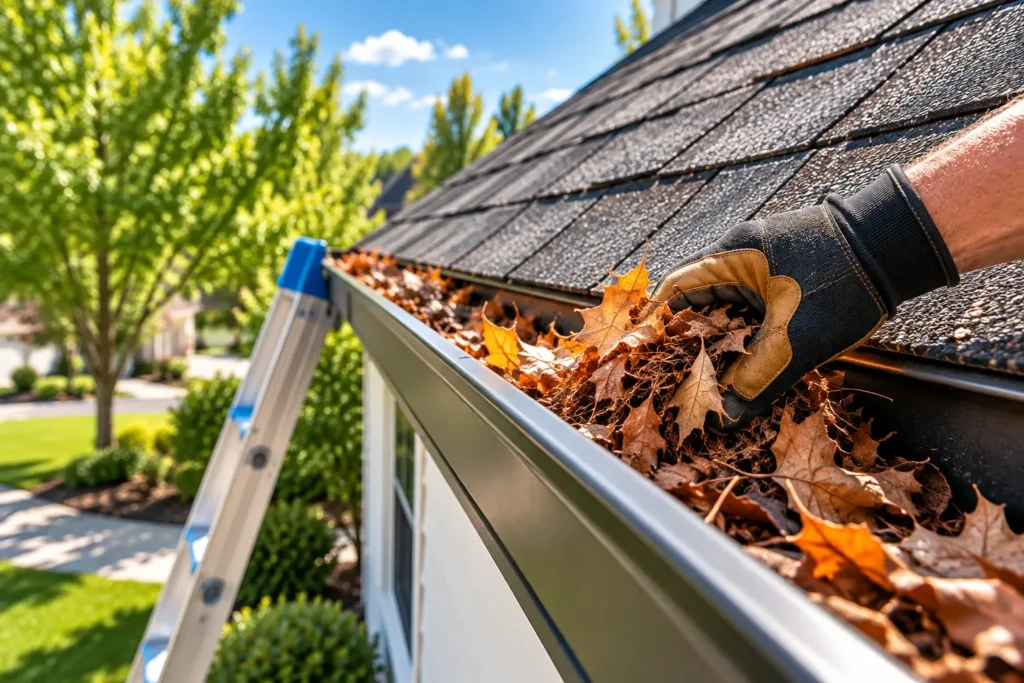 Professional gutter cleaning removing leaves and debris from a clogged residential gutter in Fort Worth, TX.
