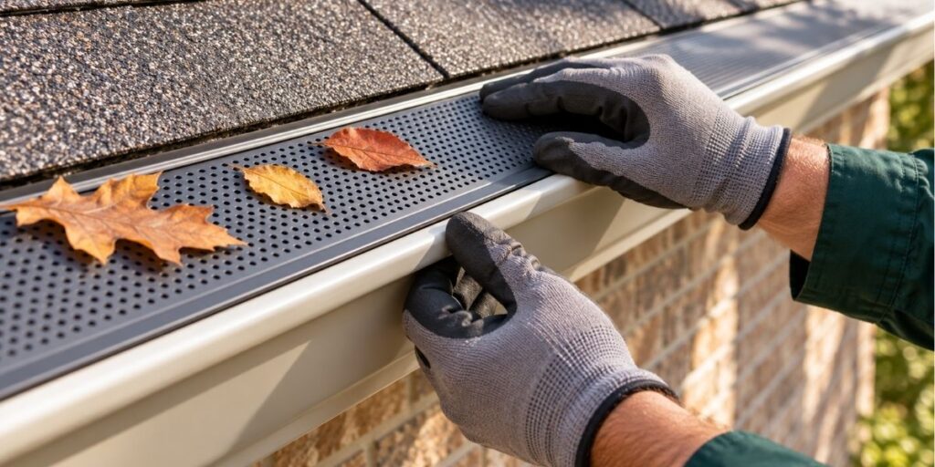 Gloved hands fit a dark gutter guard panel onto a seamless gutter, with a few fallen leaves resting on top