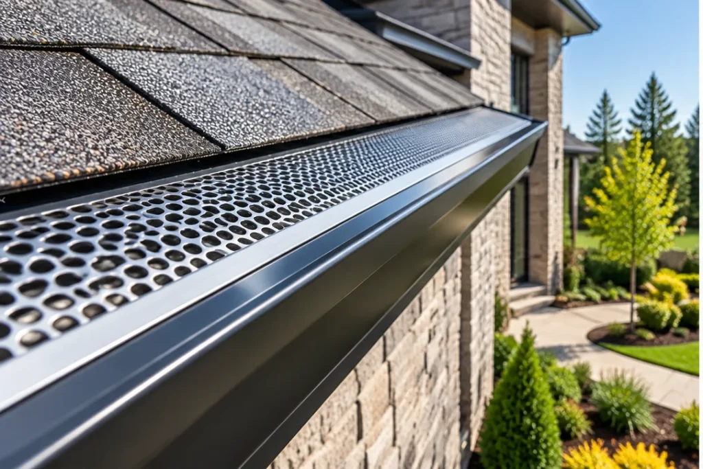 Perforated metal gutter guards installed over seamless aluminum gutters on a residential roof to help prevent debris buildup in Fort Worth, TX.