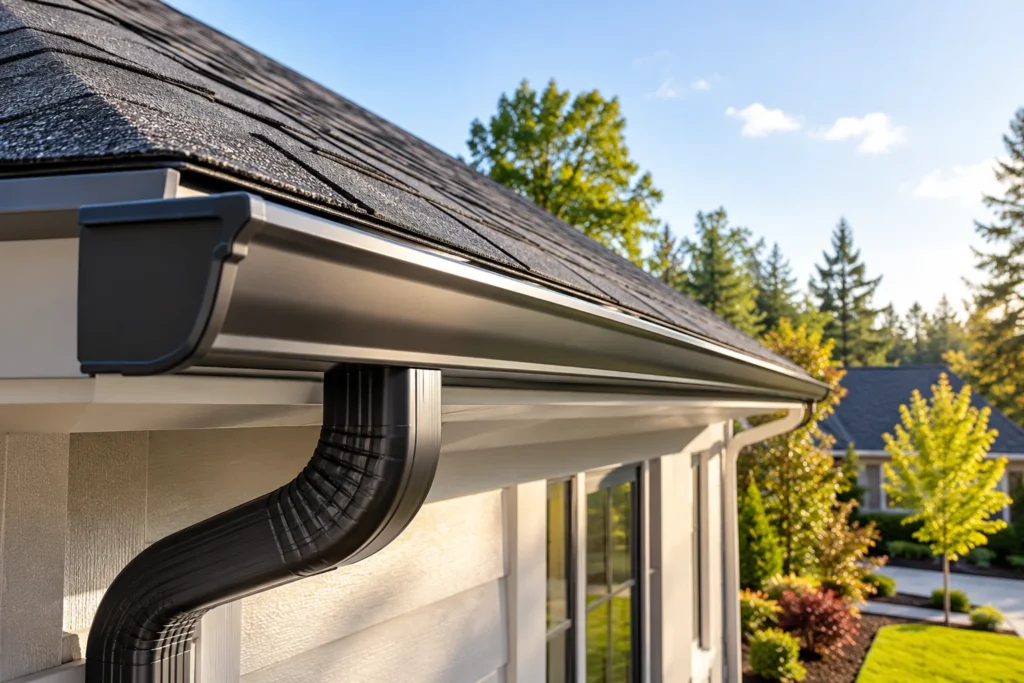 Seamless black rain gutters and downspout installed on a residential roof, showcasing a clean gutter system by Grizzly Brothers Gutters.