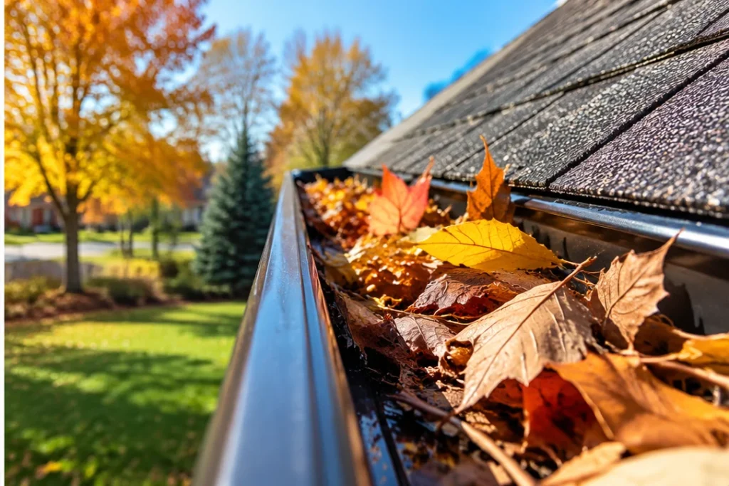 Residential rain gutter clogged with fallen leaves and debris, highlighting the need for gutter guards and gutter cleaning in Fort Worth, TX.
