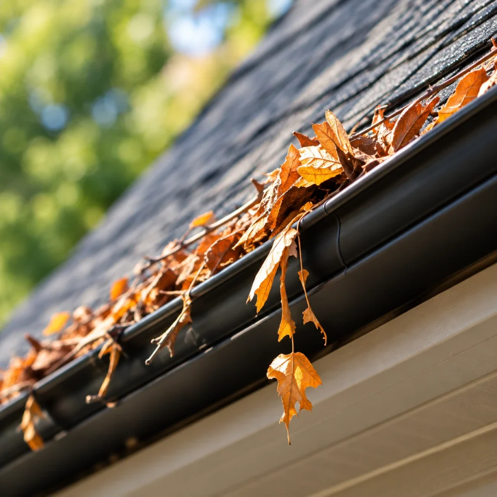 Dry leaves and twigs collected in a black gutter along a shingle roof.