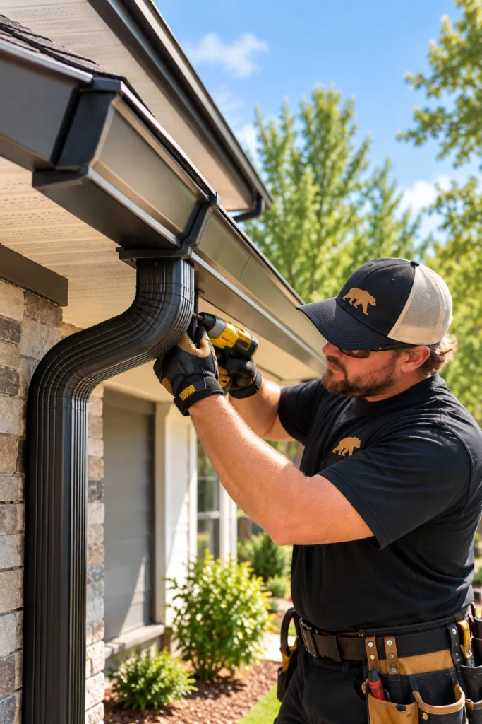 Grizzly Brothers Gutters technician installing a black gutter and downspout system on a residential home using professional equipment.