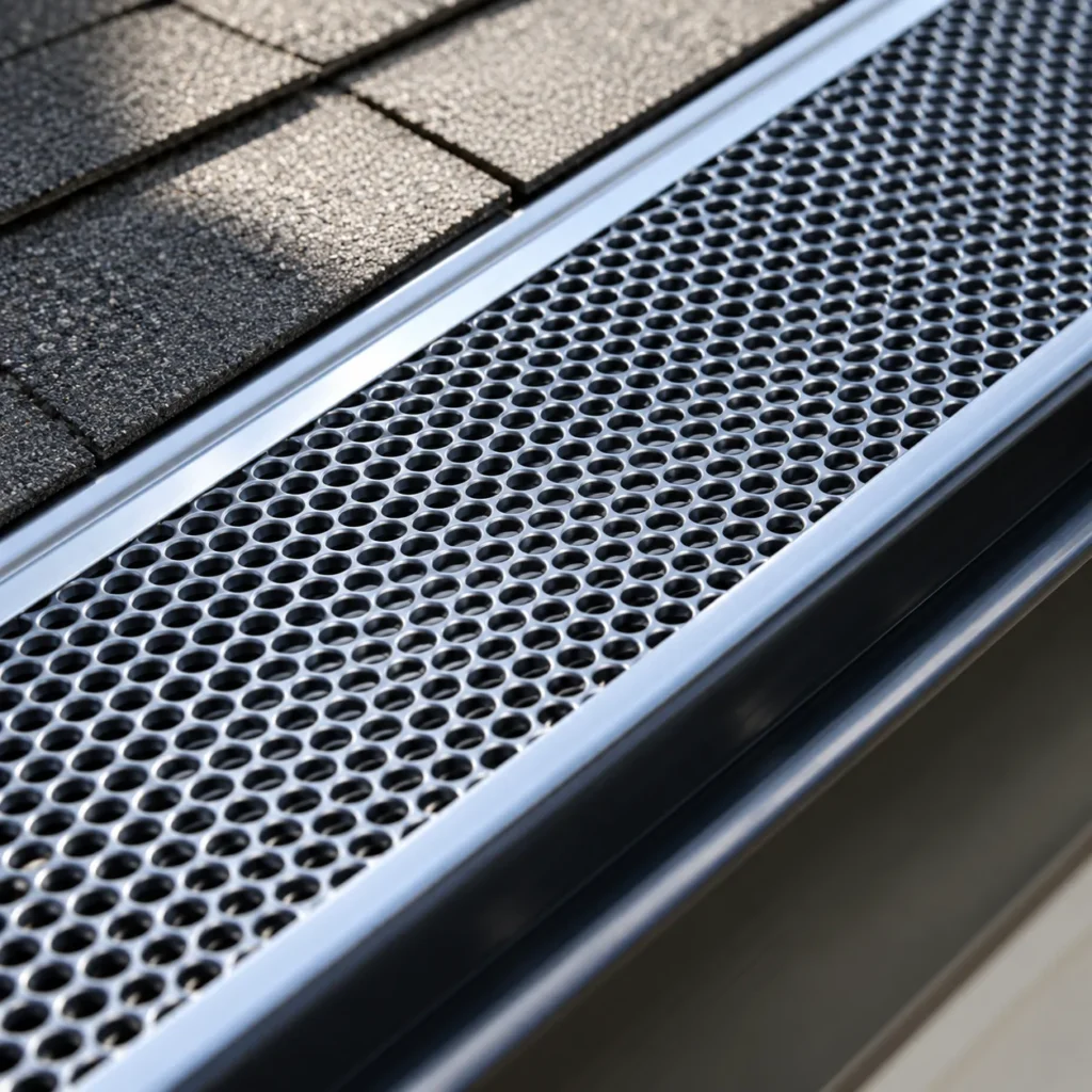 Perforated metal gutter guard installed over a black gutter beside gray roof shingles.