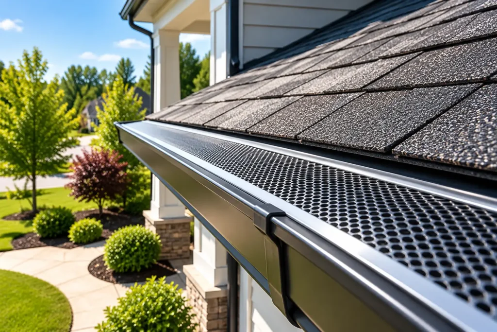 Black gutter guard system installed along a residential roofline to prevent debris buildup and protect gutters in Fort Worth, TX.