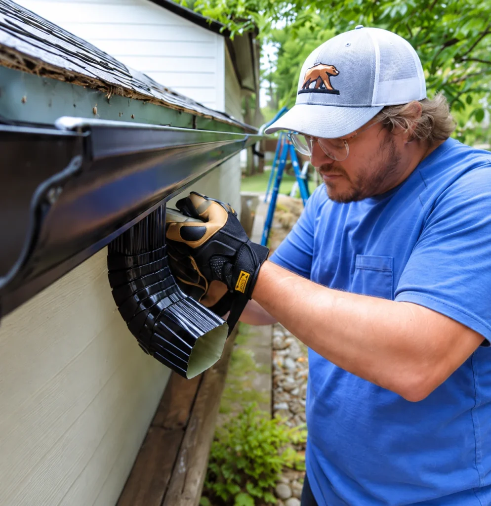 Grizzly Brothers Gutters technician installing a seamless gutter downspout on a home.